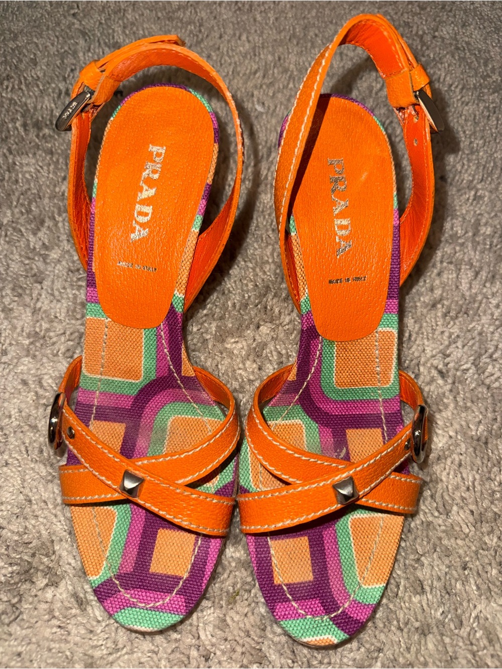 Prada Orange Y2K Multicolor Geometric Slingback Heels - Picture 2 of 6